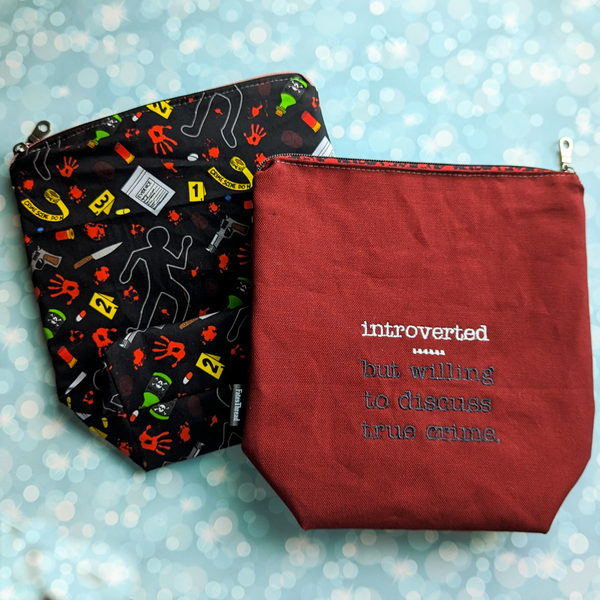 Introverted but willing to discuss true crime, small zipper Bag