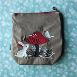 Mushroom Discovery, Bunny and bird, small zipper bag